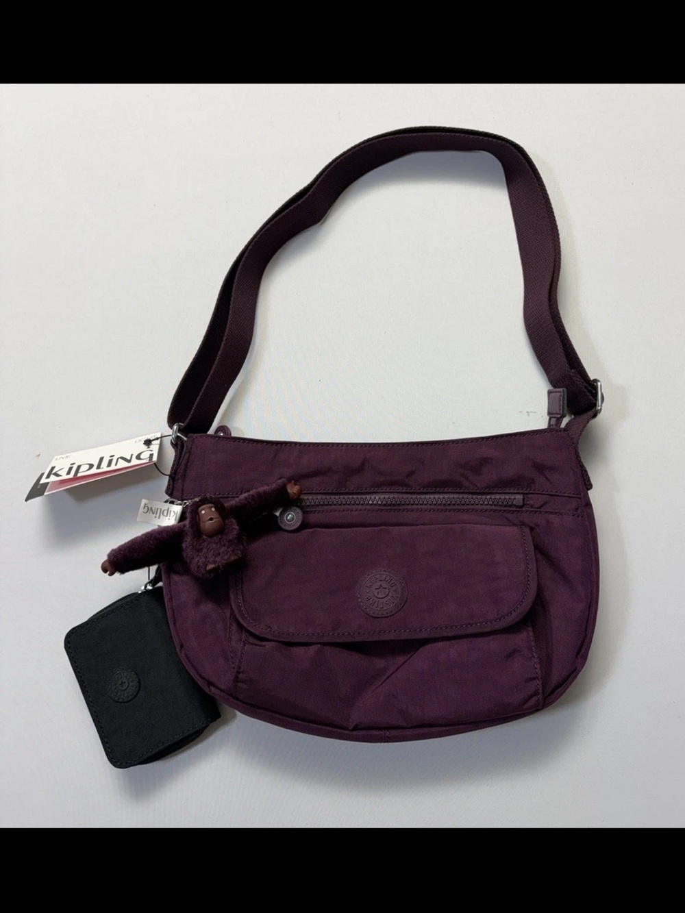 Kipling Bag Crossbody Dark Plum Adjustable Monkey Charm compartments New Callie